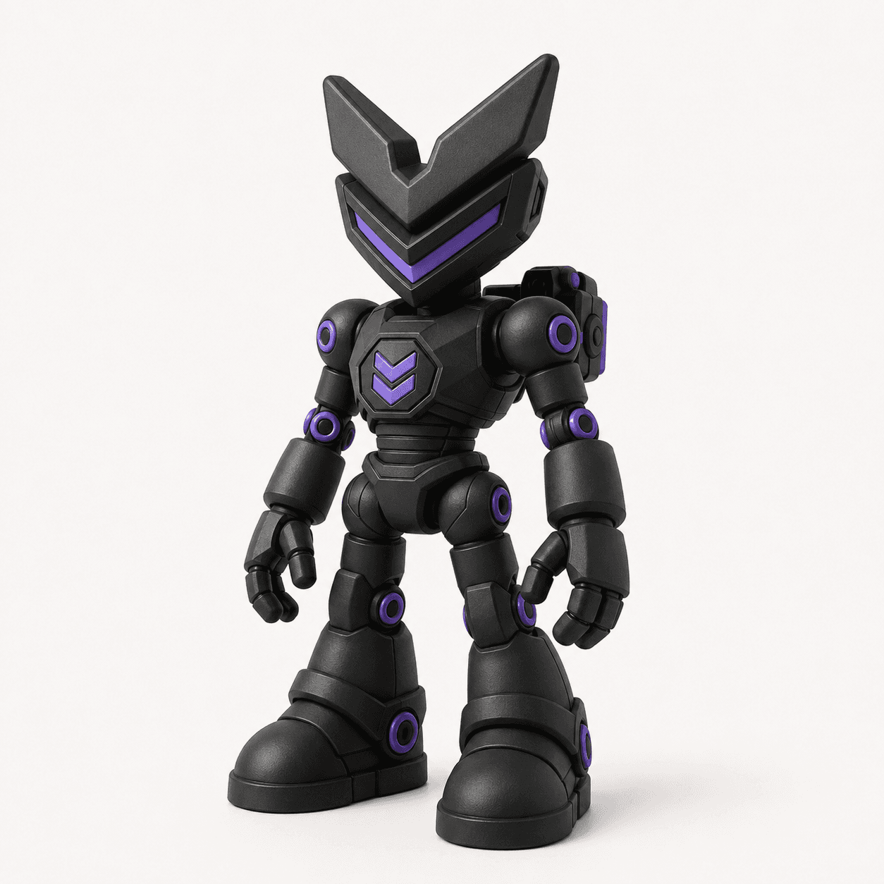 Figura conceptual VYVO CORE negra con detalles morados y casco de doble V.