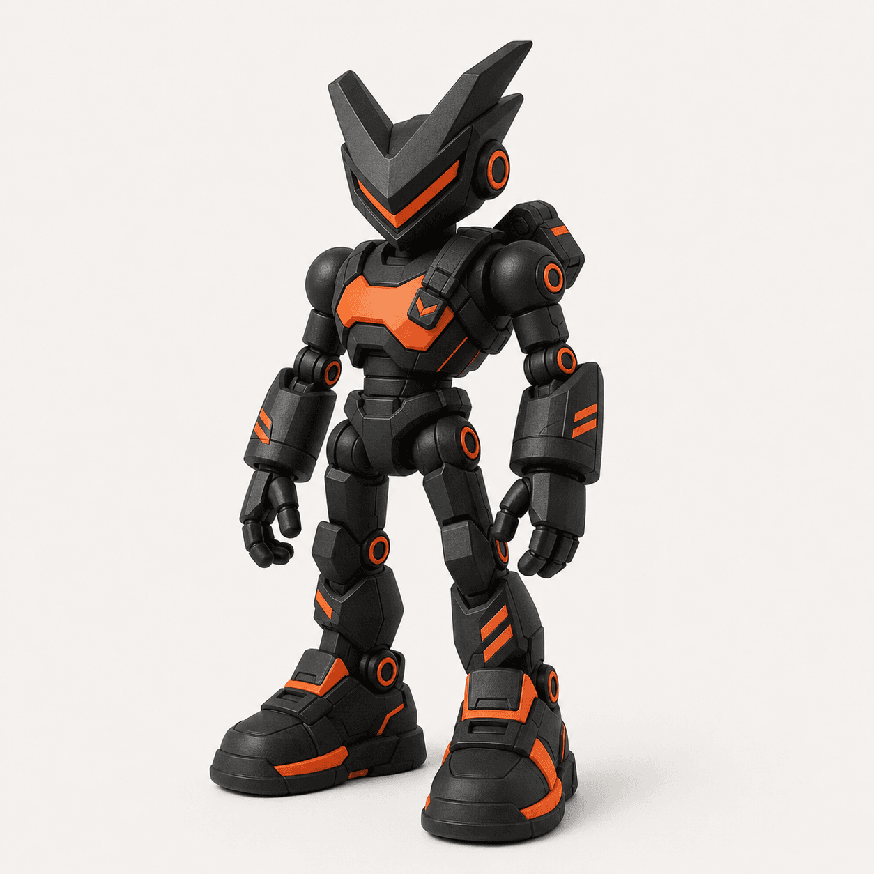 Figura conceptual VYVO RUSH negra y naranja con armadura urbana.
