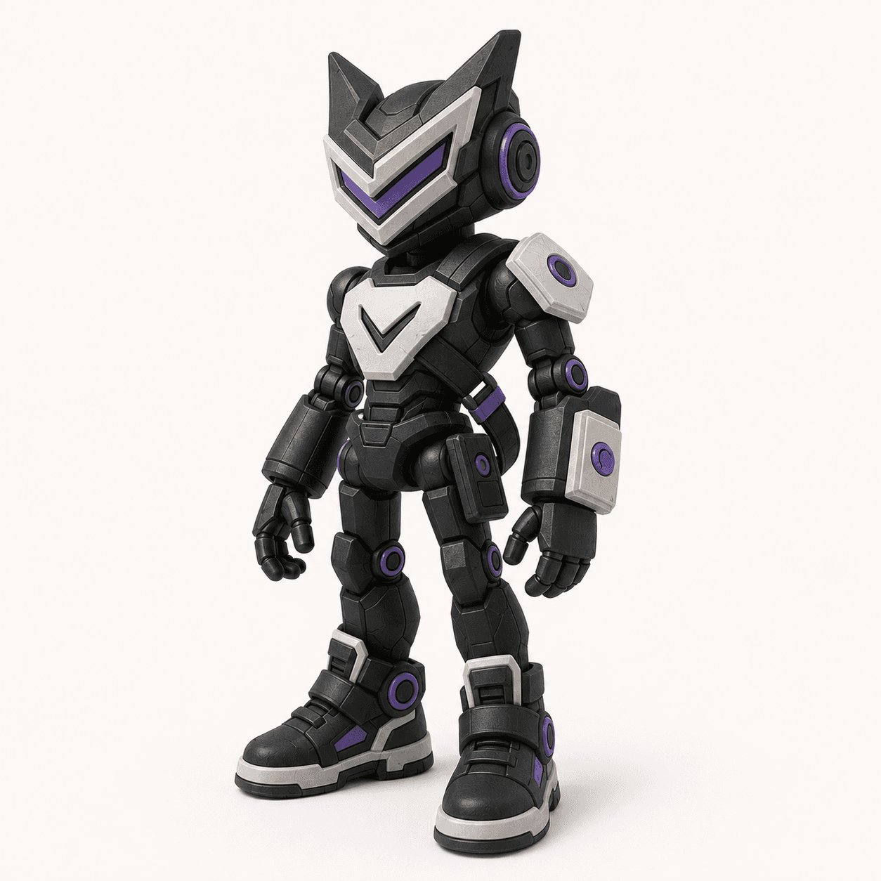 Figura conceptual VYVO SHIFT blanca, negra y morada con piezas modulares.